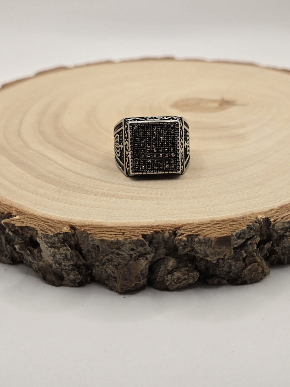 Men's Black Square Signet Ring with Pave Detailing